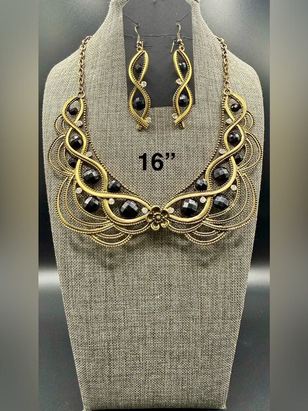 Gold-Tone Black Faceted Statement Necklace & Earring Set